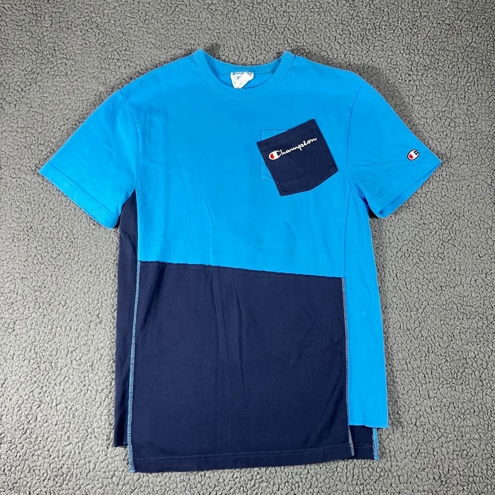 Champion Reverse Weave Colorblock Pocket T-Shirt Mens Medium Blue Navy Graphic